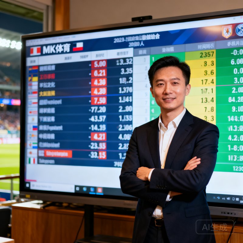 张思涵，MK体育首席运营官兼联合创始人，站在大型赛事数据屏幕前双手交叉姿态自信