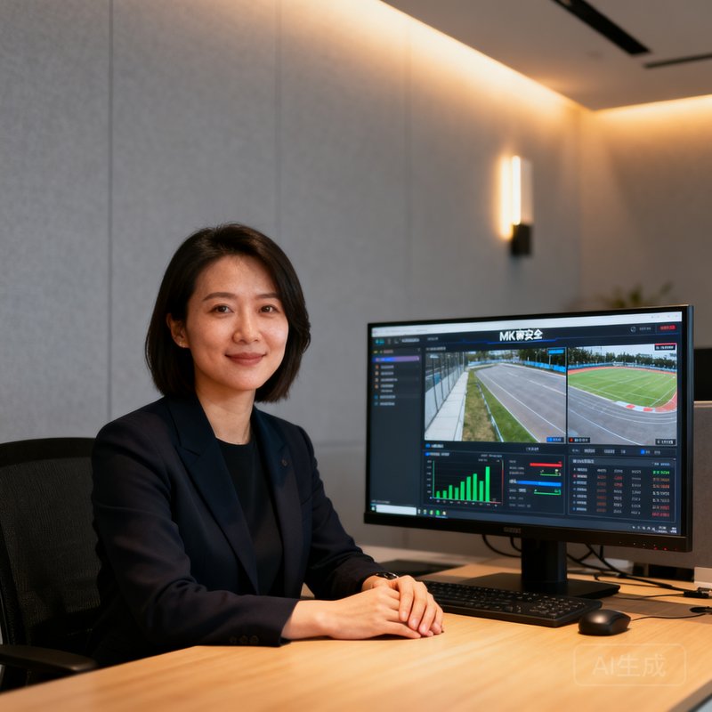 王雅琳，MK体育安全总监，坐在电脑前展示系统安全监控面板，表情专注而温和